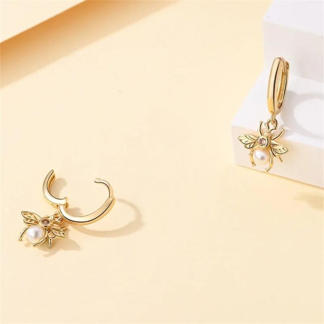 Elegant Pearl Gold Bee Hoop Earrings