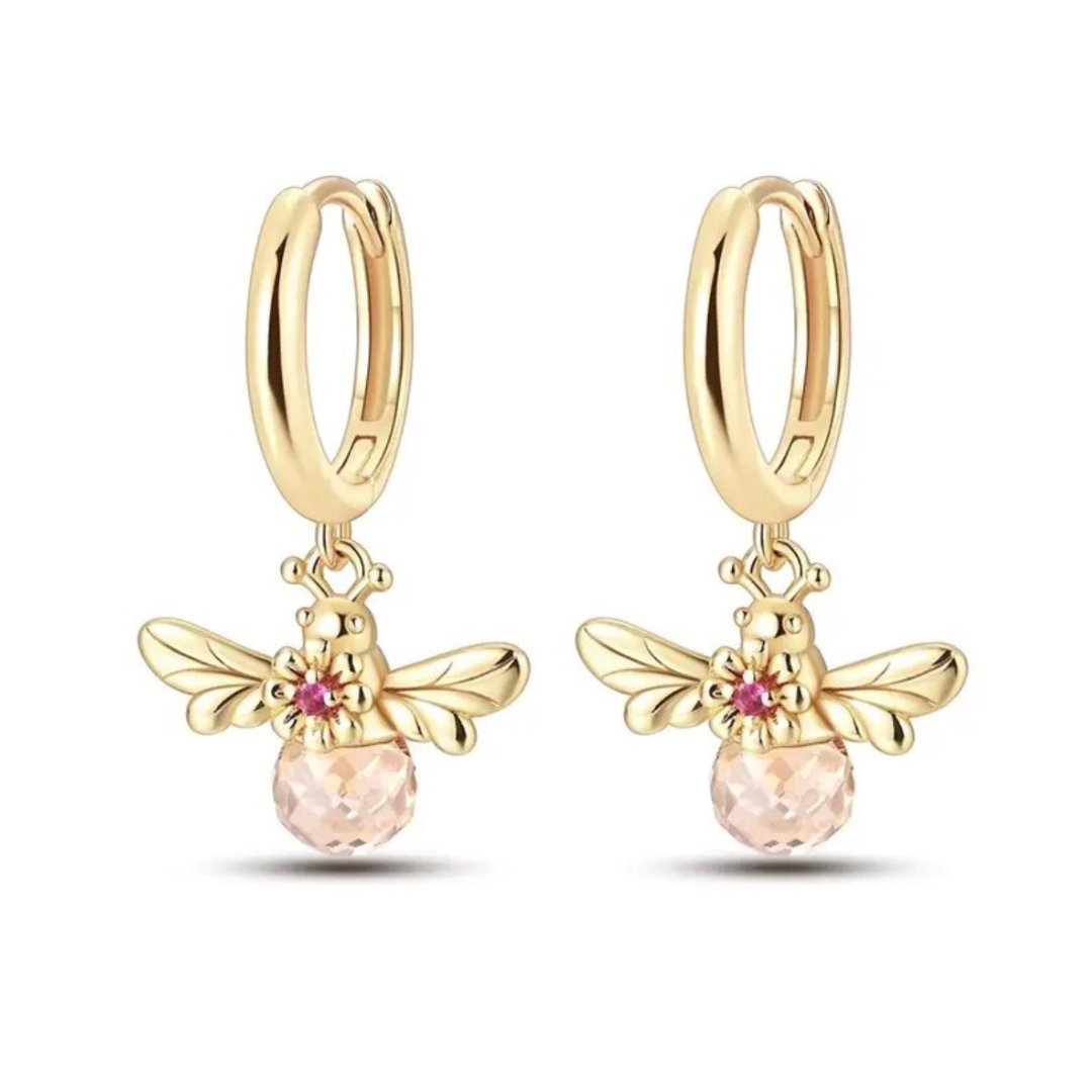 Elegant Gem Gold Bee Hoop Earrings
