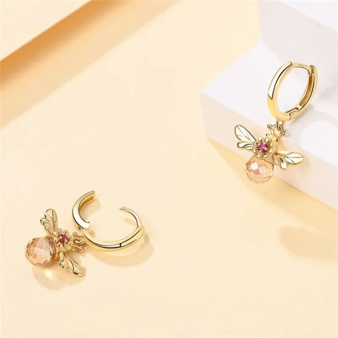 Elegant Gem Gold Bee Hoop Earrings