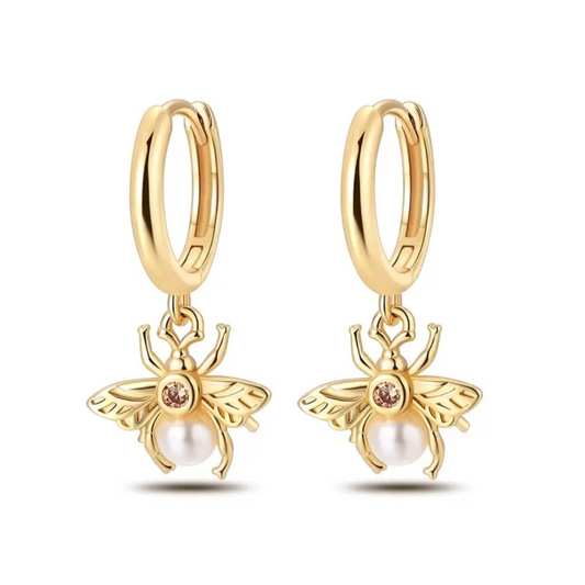 Elegant Pearl Gold Bee Hoop Earrings
